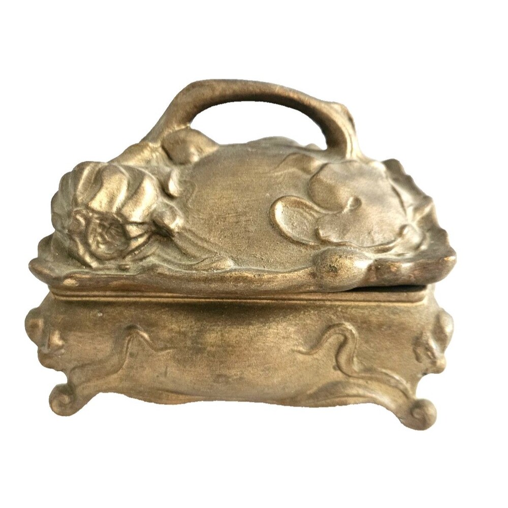 Antique Benedict 466 Art Nouveau Jewelry Trinket Box Gilt Metal Silk Lined c1900